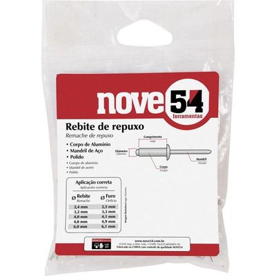 Rebite Repuxo De Alumínio 4,8x12,0mm Mandril Aço Com 50 Peças