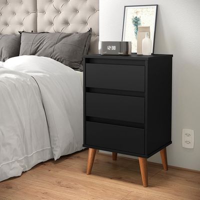 Kit 2 Mesas De Cabeceira Wood - Mdp 3 Gavetas Corrediças Metálicas Preto - Movelove