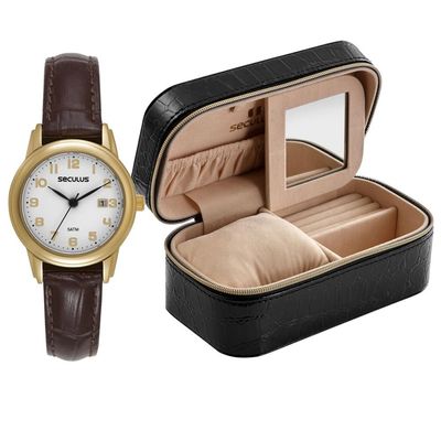Relógio Seculus Feminino Ref: 21001lpsvdc2 Dourado Estojo Porta Joia