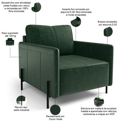 Poltrona Decorativa Para Sala Living Pés Industrial Domani L06 Couro Verde - Lyam Decor