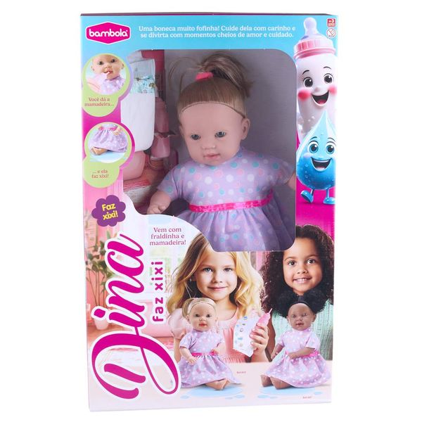 Boneca Bambola Dina Loira Faz Xixi na Fralda Acompanha Fraldinha e Mamadeira