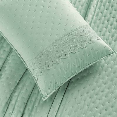 Kit Cobre Leito Colcha Bouclê Queen Laise Bordada Micropercal 200 Fios 3 Peças - Verde Salvia