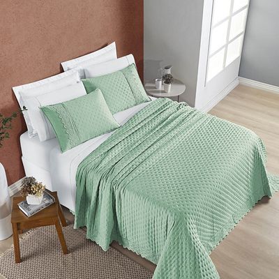 Kit Cobre Leito Colcha Bouclê Queen Laise Bordada Micropercal 200 Fios 3 Peças - Verde Salvia