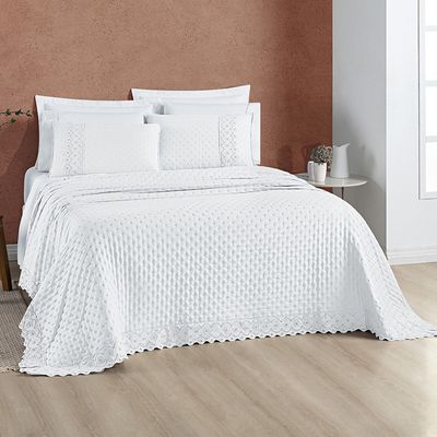 Kit Cobre Leito Colcha Bouclê Queen Laise Bordada Micropercal 200 Fios 3 Peças - Branco Neve