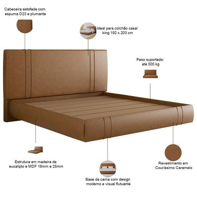 Cama King Flutuante Com Cabeceira 195cm Astra S04 Couríssimo Caramelo - Lyam Decor