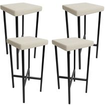 Kit 04 Banquetas Alta Bar Cozinha Sala De Jantar Preto Stella L02 Linho Champagne - Lyam Decor