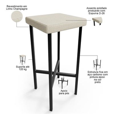 Kit 04 Banquetas Alta Bar Cozinha Sala De Jantar Preto Stella L02 Linho Champagne - Lyam Decor