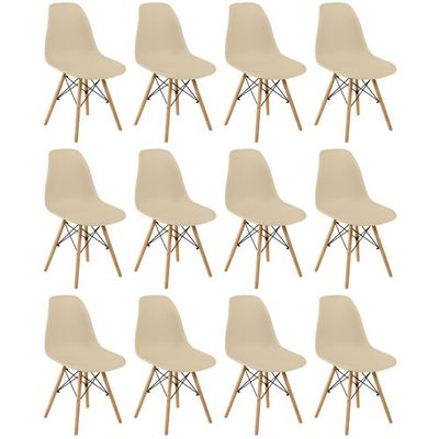 Conjunto 12 Cadeiras Charles Eames Eiffel Wood Base Madeira - Nude