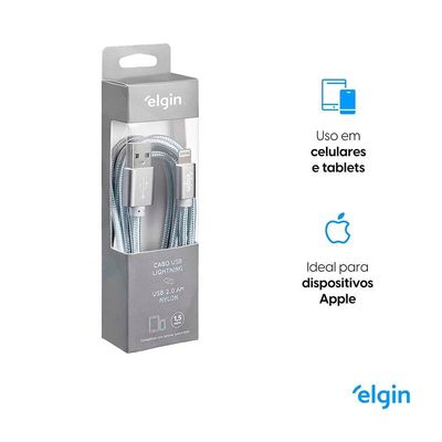 Cabo Usb 2.0 Lightning Nylon Cinza 1,5m 480mbps Compatível Com Aparelhos Apple