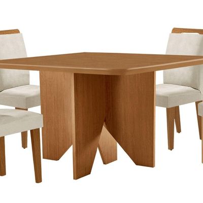 Mesa Evora 90 Mdf Com 4 Cadeiras Athenas Veludo Creme Naturalle