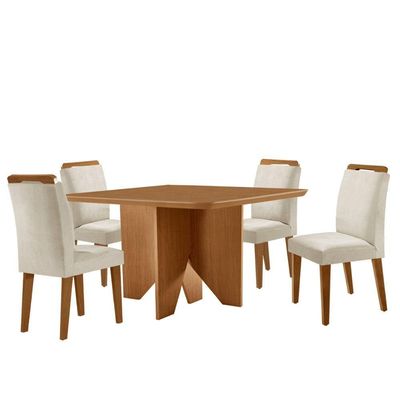 Mesa Evora 90 Mdf Com 4 Cadeiras Athenas Veludo Creme Naturalle
