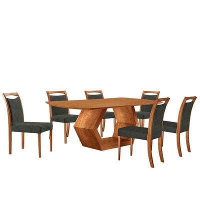 Mesa Ane 180 Tampo Laminado Barril Com 6 Cadeiras Munique Jade Imbuia Natural