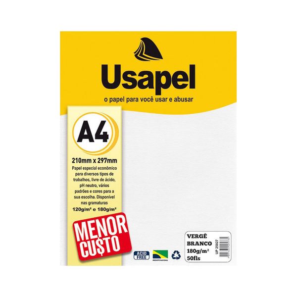 Papel Usapel A4 Vergê 180g com 50 Folhas Branco Papel Usapel A4 Vergê 180g com 50 Folhas Branco