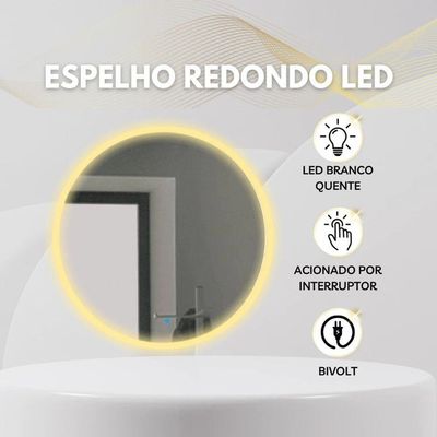 Espelho Decorativo Redondo LED Branco Frio Ou Quente Com Suporte Branco Quente
