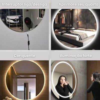 Espelho Decorativo Redondo LED Branco Frio Ou Quente Com Suporte Branco Quente