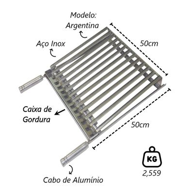 Grelha Parrilha Argentina Aço Inox com Caixa Gordura 50x50cm