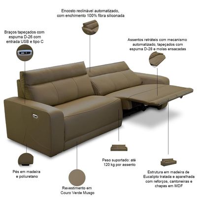 Sofá 4 Lugares Rettrátil Reclinável Elétrico 284cm Mazi L06 Couro Verde Musgo - Lyam Decor