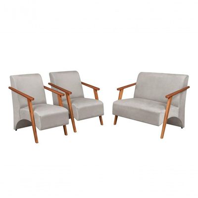Conjunto Venus Braços Em Madeira Maciça 1 Namoradeira 2 Poltronas Suede Unidecor Bege