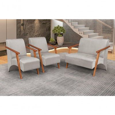 Conjunto Venus Braços Em Madeira Maciça 1 Namoradeira 2 Poltronas Suede Unidecor Bege
