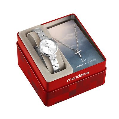 Relogio Mondaine Feminino Ref: 32964l0mkne2 Prateado Cruz + Semijoia