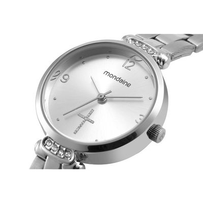 Relogio Mondaine Feminino Ref: 32964l0mkne2 Prateado Cruz + Semijoia