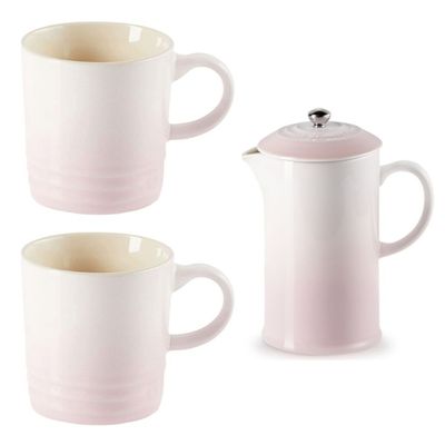 KIT LE CREUSET PRENSA FRANCESA  E 2 CANECAS 350ML EM CERÂMICA SHELL PINK