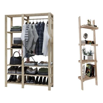 Conjunto Estante Design Clássico Multiuso Exclusivo Decorativo E Cabideiro Para Roupas Duplo Madeira