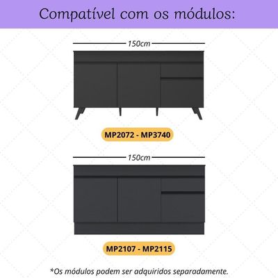 Kit 4 Puxadores Com 6 Pés Palito Retrô Para Balcão Cozinha 150cm Veneza Multimóveis Mp2312 Preto Preto