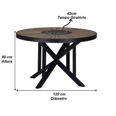 Mesa Atenas 120cm Tampo Madeira Giratório Em Alumínio Trama Preto