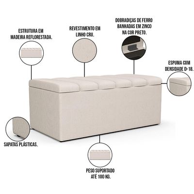 Kit Cabeceira Cama Box Solteiro 100cm Com Calçadeira Recamier Baú Dália W01 Linho Cru - Lyam Decor