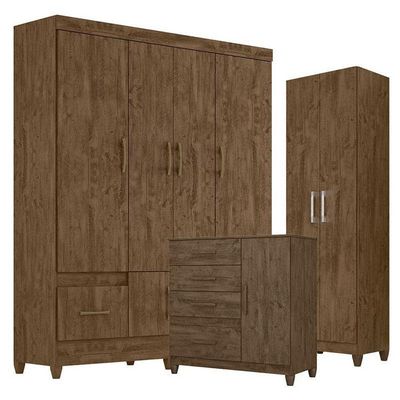 Guarda Roupa Casal Ms912 Com Cômoda Vênus Com Pés E Armário Multiuso New íris Castanho Wood – Moval