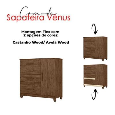 Guarda Roupa Casal Ms912 Com Cômoda Vênus Com Pés E Armário Multiuso New íris Castanho Wood – Moval