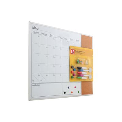 Quadro Magnético Branco Le visão Mensal com Cortiça, Ímãs, Marcadores e Alfinetes 40,6x50,8cm