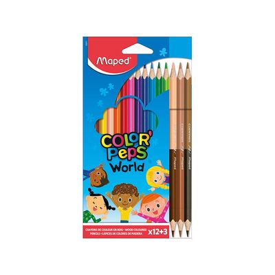 Lápis de Cor Maped Color Peps Madeira 12 Cores Vibrantes + 3 Cores Tons de Pele