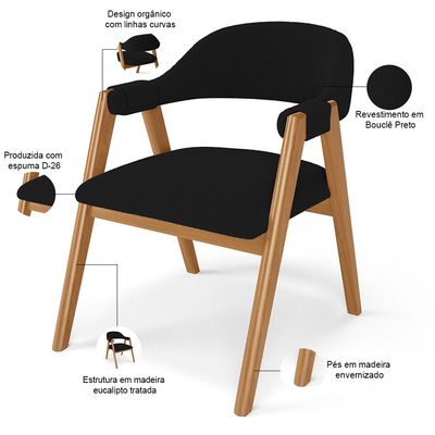 Kit 02 Cadeiras de Jantar e Estar Living Estofada Nadja L02 Bouclê Preto - Lyam Decor