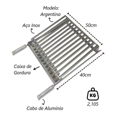 Grelha Parrilha Argentina Aço Inox com Caixa Gordura 50x40cm