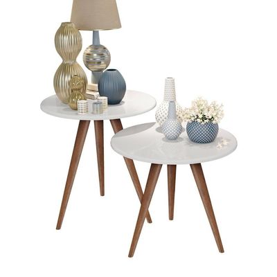 Conjunto Mesa 2 Mesas Laterais Isa - Mdf Pés De Madeira Pintura Uv Branco - J3 Móveis