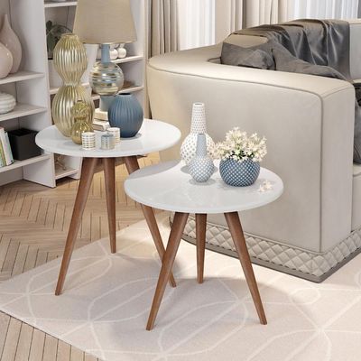 Conjunto Mesa 2 Mesas Laterais Isa - Mdf Pés De Madeira Pintura Uv Branco - J3 Móveis
