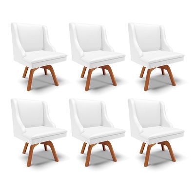 Kit 6 Cadeiras Decorativas Sala de Jantar Base Giratória de Madeira Firenze PU Branco Fosco/Natural G19 - Gran Belo