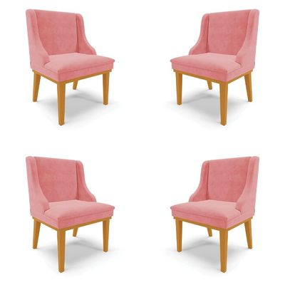 Kit 4 Cadeiras Decorativas Sala de Jantar Base Fixa de Madeira Firenze Suede Rose/Castanho G19 - Gran Belo