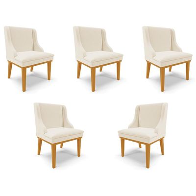 Kit 5 Cadeiras Decorativas Sala de Jantar Base Fixa de Madeira Firenze Linho Bege/Castanho G19 - Gran Belo