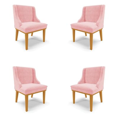 Kit 4 Cadeiras Decorativas Sala de Jantar Base Fixa de Madeira Firenze Suede Rosa Bebê/Castanho G19 - Gran Belo