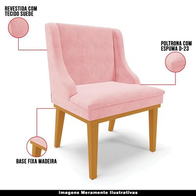 Kit 4 Cadeiras Decorativas Sala de Jantar Base Fixa de Madeira Firenze Suede Rosa Bebê/Castanho G19 - Gran Belo