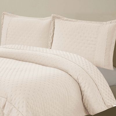 Kit Coordenado Grécia Cobre Leito + Jogo de Cama King Bordado Inglês 300 Fios - 7 Peças - Bege