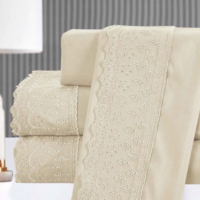 Kit Coordenado Grécia Cobre Leito + Jogo de Cama King Bordado Inglês 300 Fios - 7 Peças - Bege