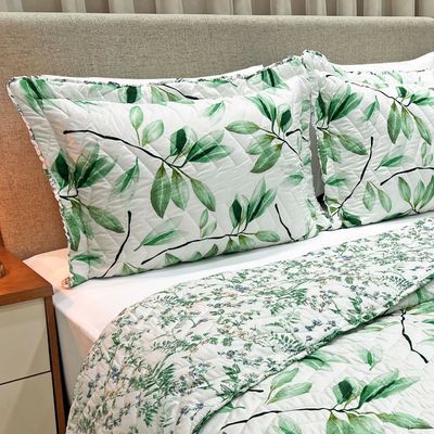 Kit Cobre Leito Colcha Casa Scarpa Classics King Dupla Face Percal 300 Fios Estampado 3 Peças - Flores Verde