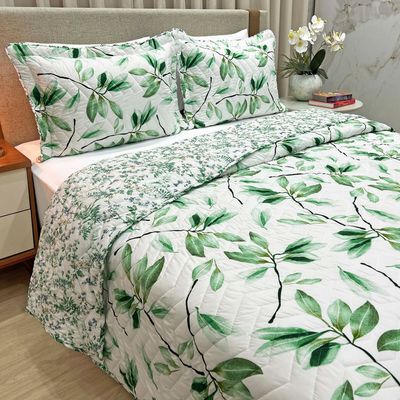 Kit Cobre Leito Colcha Casa Scarpa Classics King Dupla Face Percal 300 Fios Estampado 3 Peças - Flores Verde