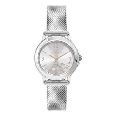 Relógio Technos Feminino Ref: 2036nbi/1k Corações Mesh Prateado