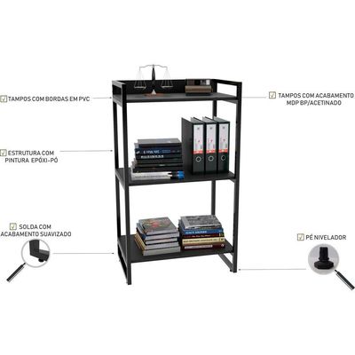 Kit Mesa Cavalete 135 cm com Estante 3 Prateleiras Estilo Industrial Form C01 Preto Onix - Lyam Decor