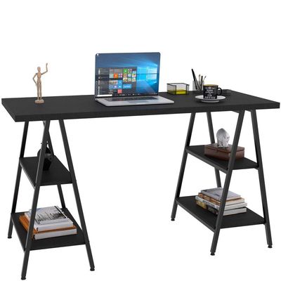 Kit Mesa Cavalete 135 cm com Estante 3 Prateleiras Estilo Industrial Form C01 Preto Onix - Lyam Decor